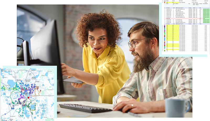 Route planners using desktop computer. Screens show daily operational route planning software.