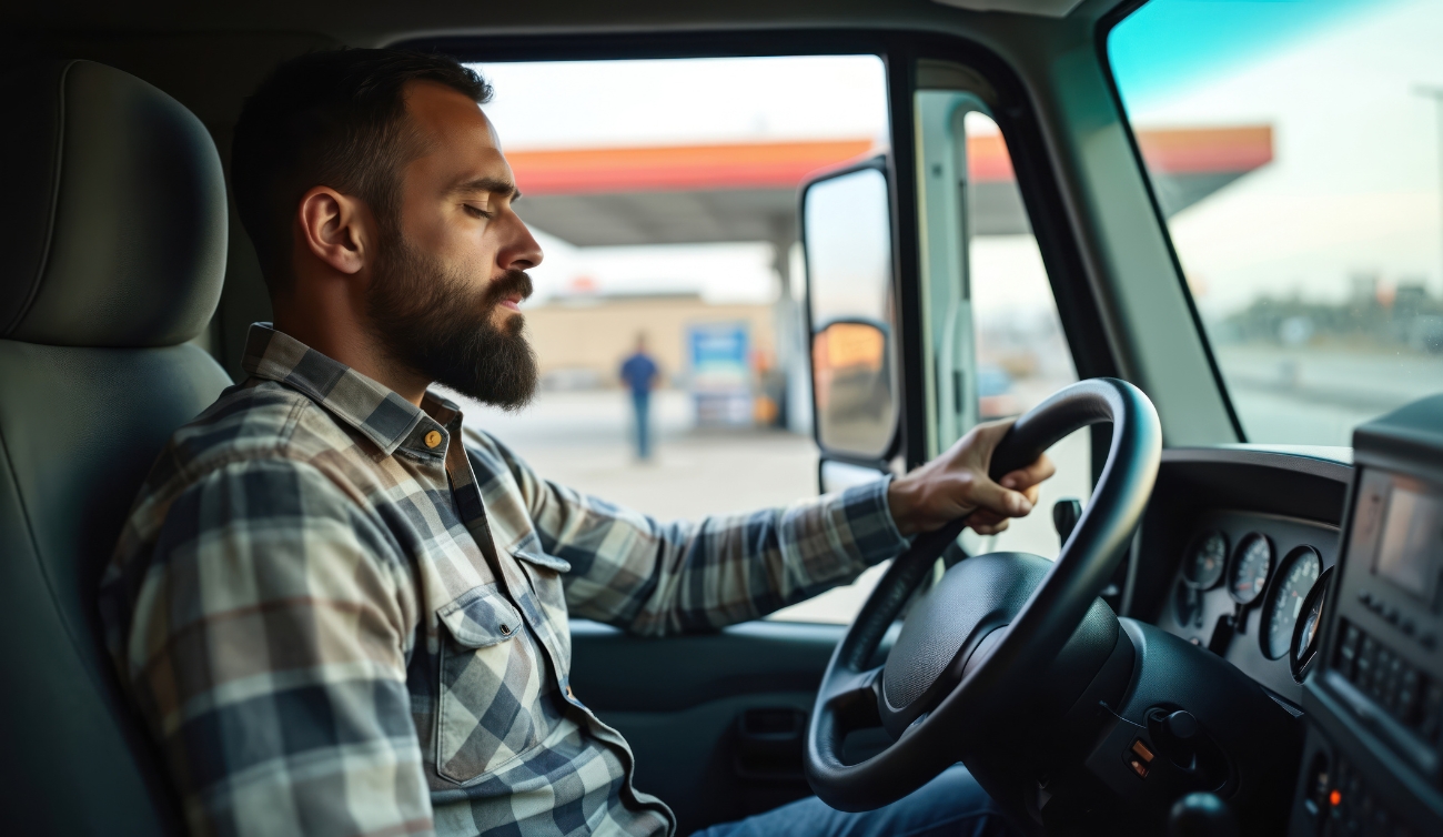 Truck driver seated in semi-truck cab