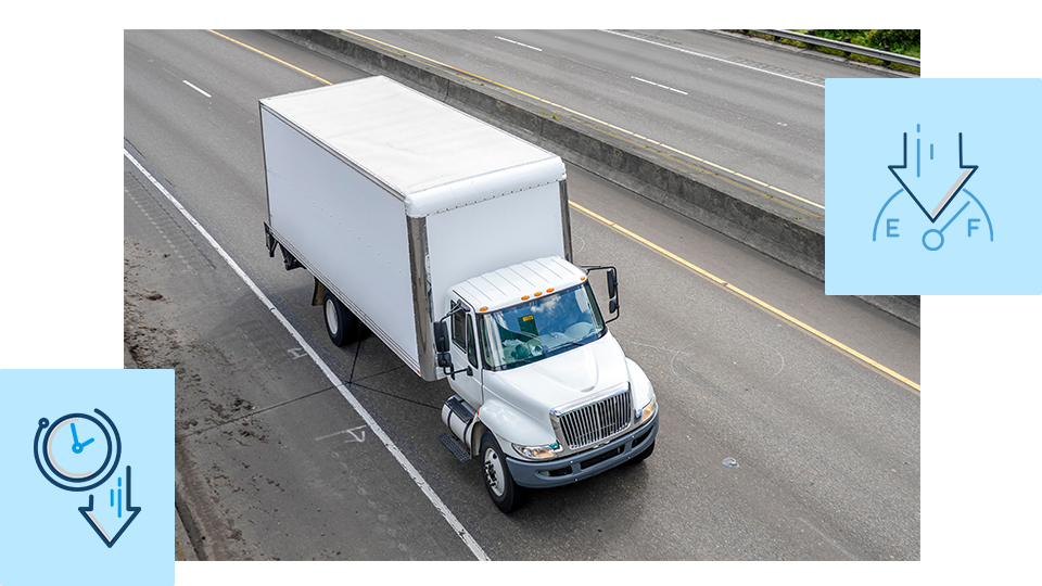 Box truck on the highway, with icons representing cost reduction, fuel reduction and time reduction.