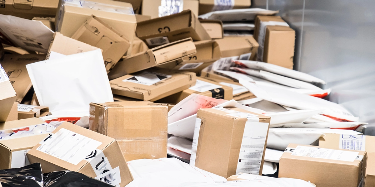 Piled up parcels awaiting ecommerce returns processing in a warehouse