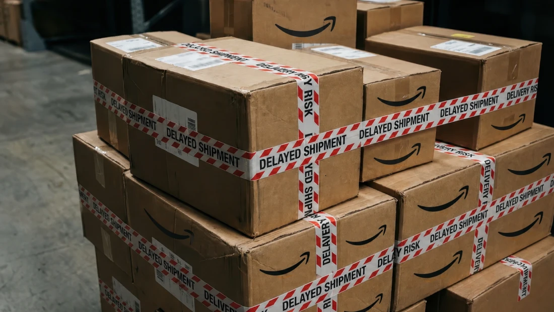 Stack of Amazon shipping boxes in a warehouse wrapped with red-and-white "Delayed Shipment" warning tape, illustrating shipping delays and delivery disruptions.