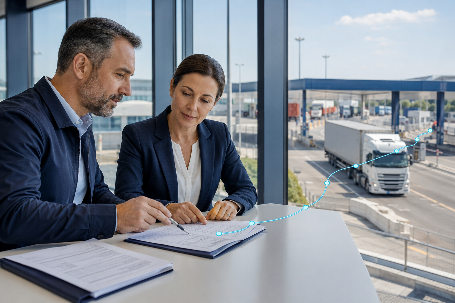 Douaneprofessionals bespreken transitdocumenten bij een Europese douaneterminal.