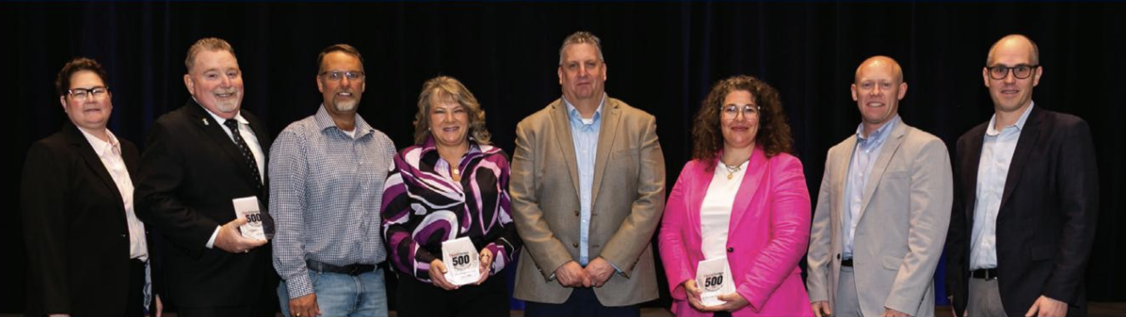 Winners of the 2025 FleetOwner Private Fleet of the Year awards, sponsored by Descartes, were recognized at NPTC 2025 in Orlando on May 13. Pictured from left: Cyndi Brandt (Descartes), Kevin Crowder (Occidental Chemical), Mike Schwersenska, Norlene Gray, and Chris Armstrong (Brakebush Transportation), Katie Zalat and Jocko Langlois (Marathon Petroleum), and Josh Fisher (FleetOwner). 