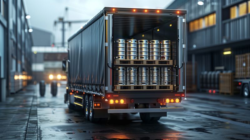 Beer delivery truck with open tailgate reveals load of kegs
