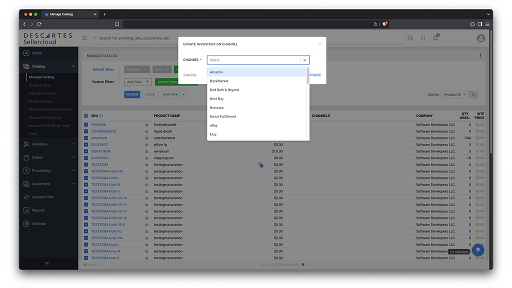 Inventory management software interface showing multichannel sync