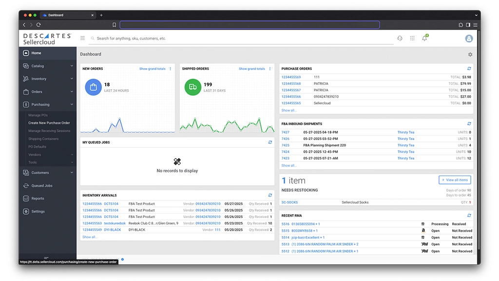 Inventory management system Descartes Sellercloud showing the purchase orders dashboard with “create purchase order” selection