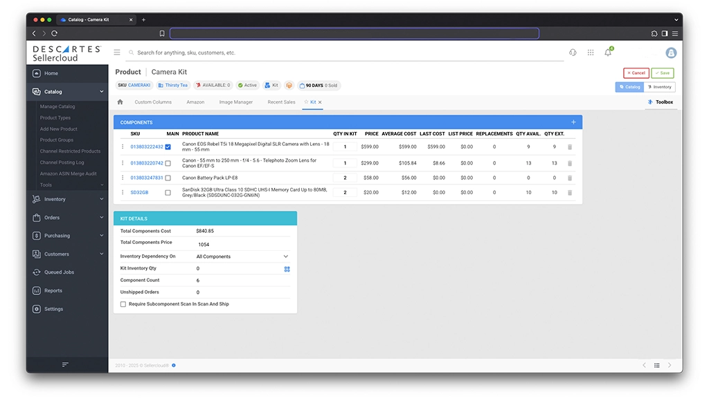 Descartes Sellercloud inventory management system showing product kitting feature for a camera kit
