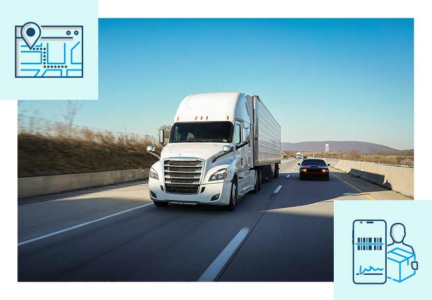 Beverage delivery truck with icons representing route planning and mobile proof of delivery