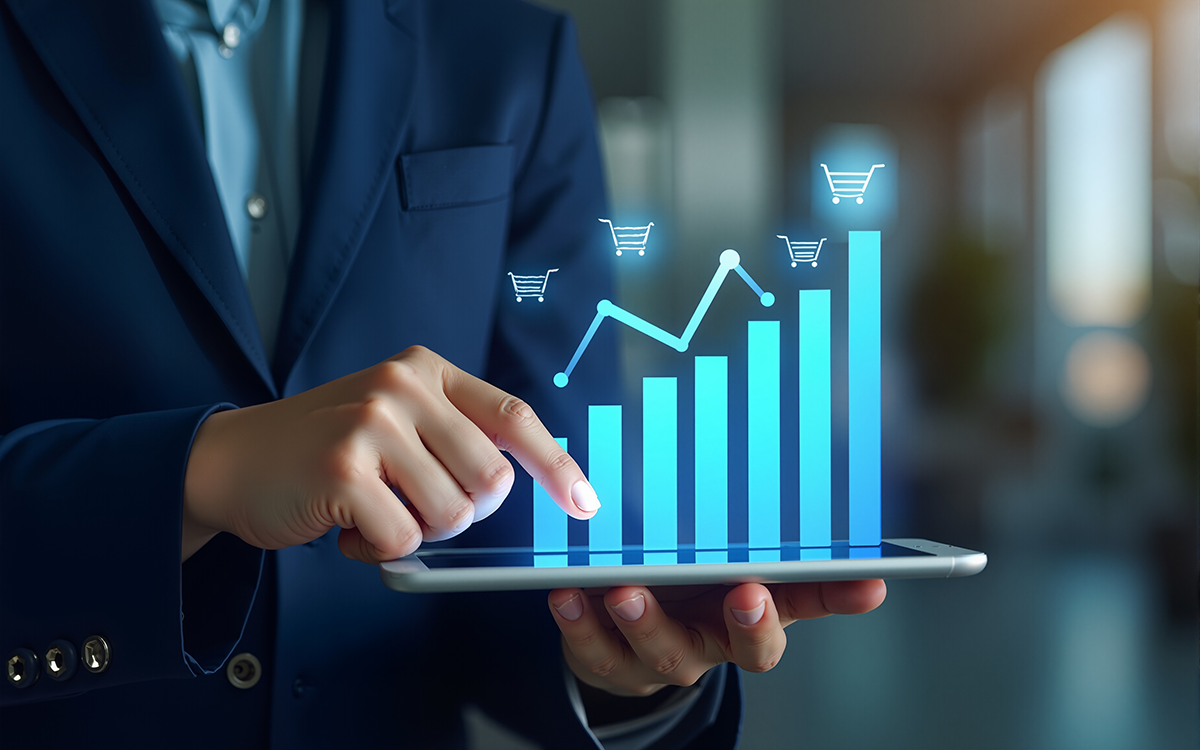 A businessman’s finger points toward a tablet device he is holding. Above the tablet, a bar graph with an upward trend indicates business growth potential from selling on multiple marketplaces.