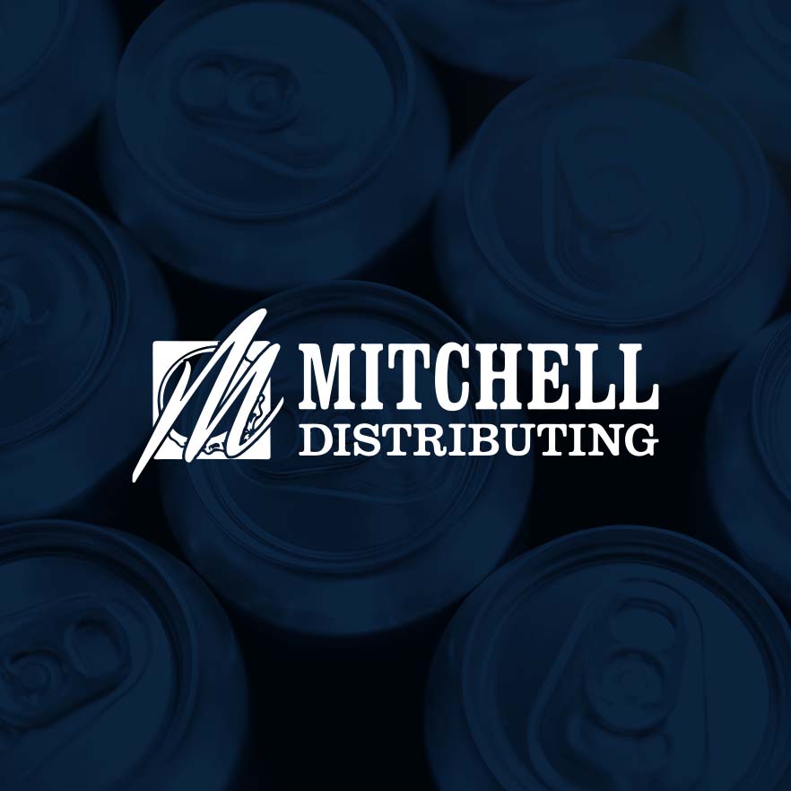 Mitchell Distributing logo with beverage cans in background.