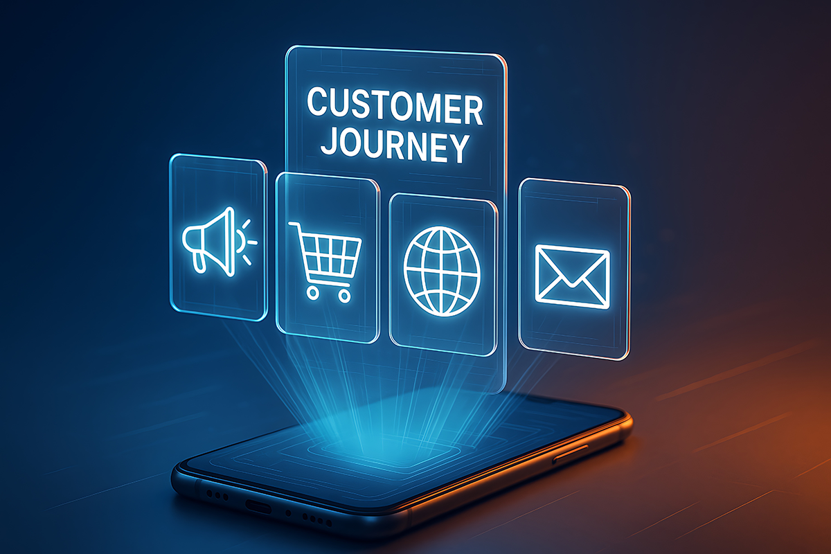A smartphone screen projects icons representing multichannel ecommerce marketing with a megaphone, shopping cart, globe, letter, and the words, “Customer Journey.”