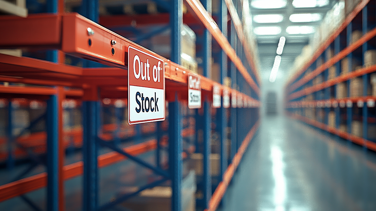 Warehouse with empty shelves and an out-of-stock sign representing overselling inventory