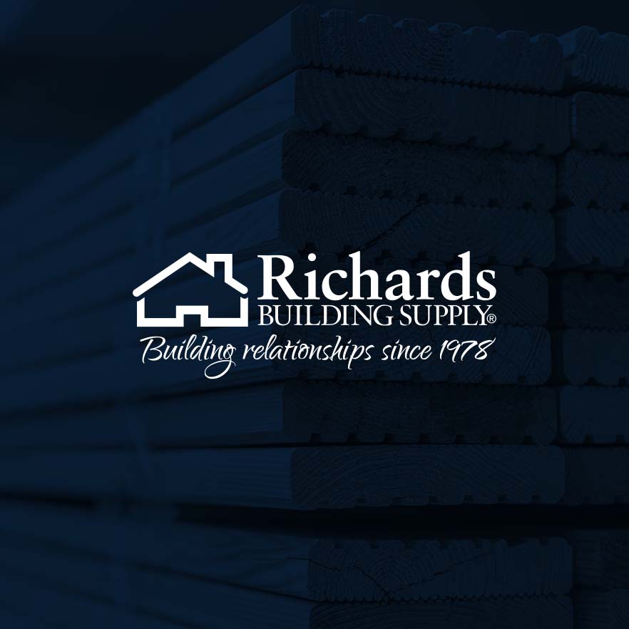Richards Building Supply logo with roofing products in background.