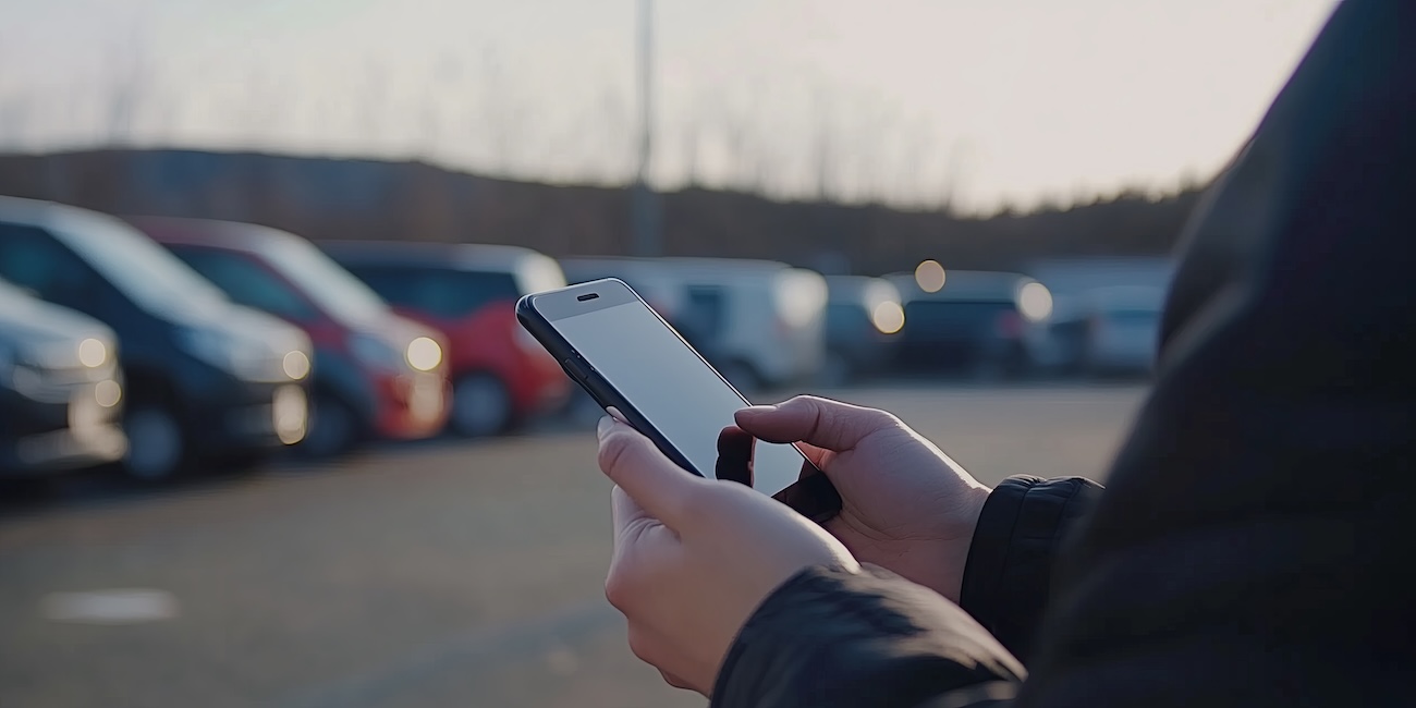 Merchandiser uses phone waiting in parking lot