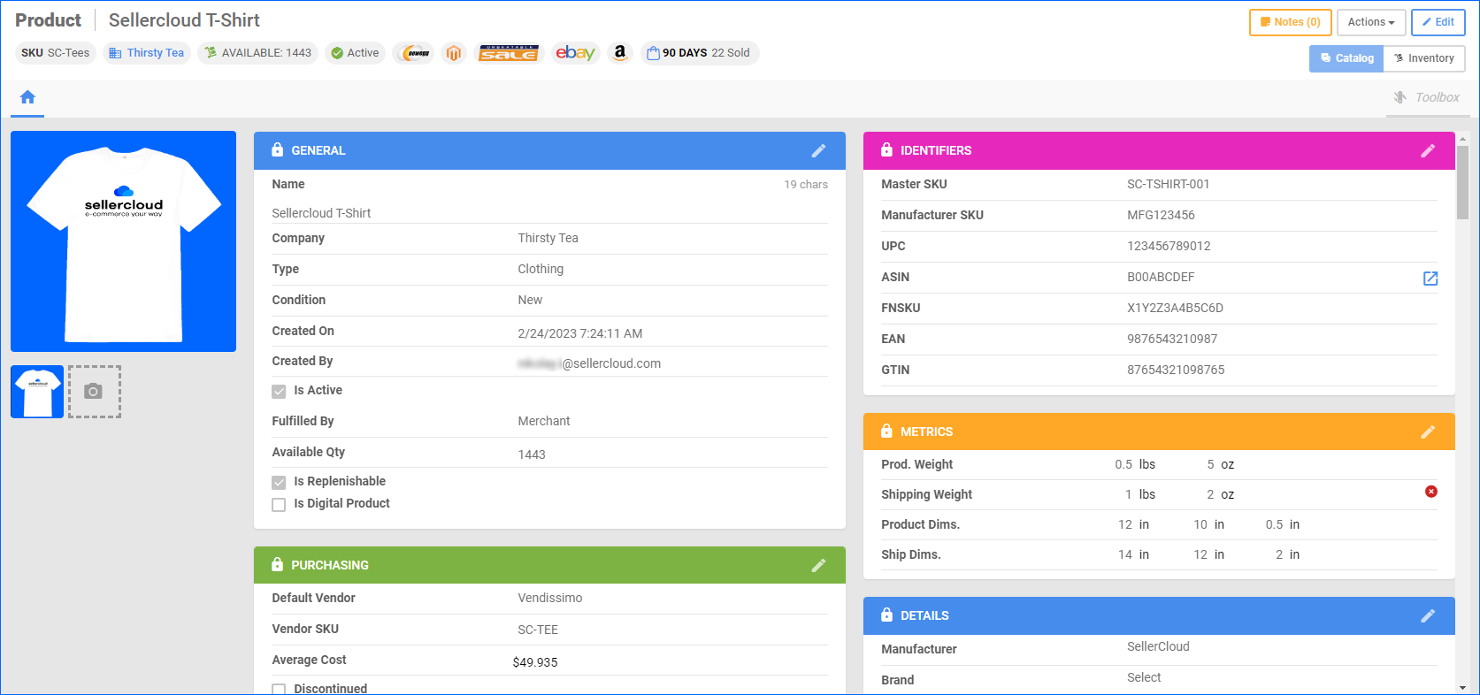 A screenshot of the Descartes Sellercloud product information management (PIM) system, which depicts a centralized “source of truth” for product listings on multiple sales channels.