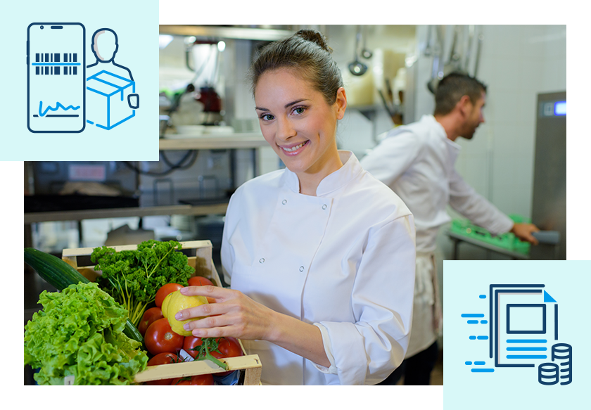 Satisfied chef receives food delivery, with icons illustrating proof of delivery and fast invoicing.