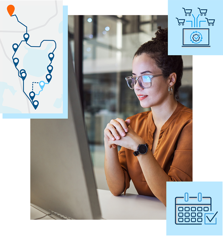 Photo of woman checking desktop computer, with icons representing new orders and automatic route optimization