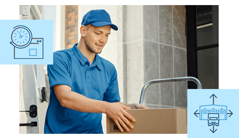 A delivery driver drops off a large package, with icons representing delivery frequency and depot selection.