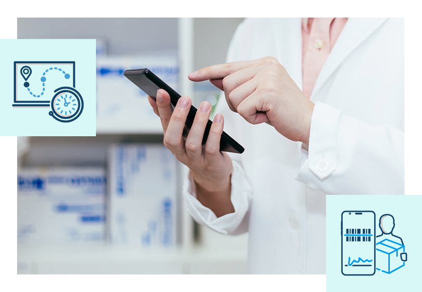 Person in lab coat uses a smartphone, with icons representing delivery tracking and proof of delivery.