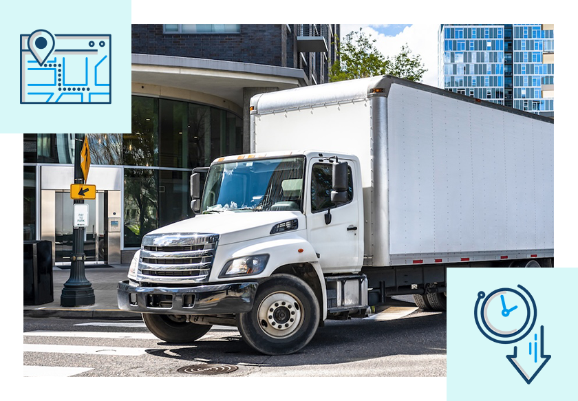 Box truck with icons representing reduced route planning time.