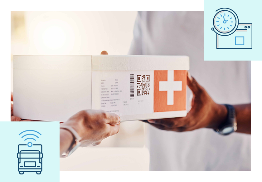 Pharmacy delivery handover with icons representing telematics and on-time delivery.