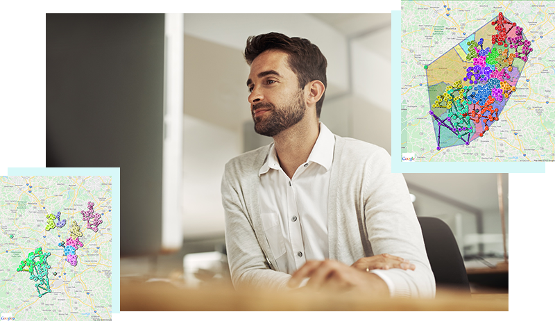 Route planner using desktop computer, with screens showing territory planning and best depot selection.