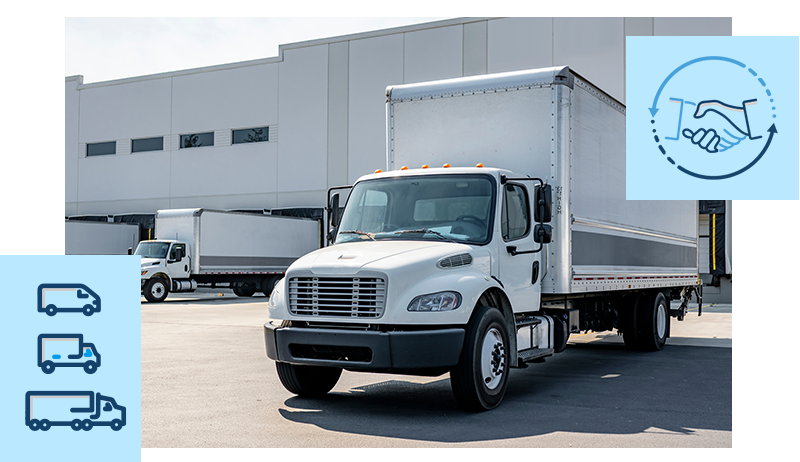 Box trucks waiting at the depot, with icons representing vehicle types and customer relationships.