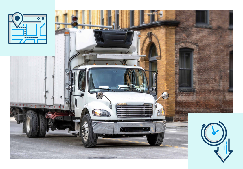 Photo of refrigerated box truck with icons representing delivery routing and reduced time.