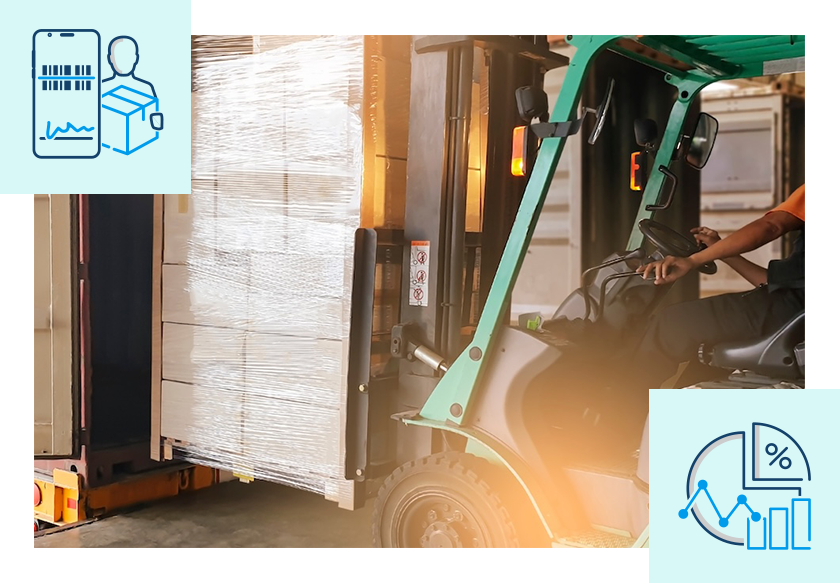Photo of a forklift unloading wholesale delivery pallets, with icons representing proof of delivery and analytics.