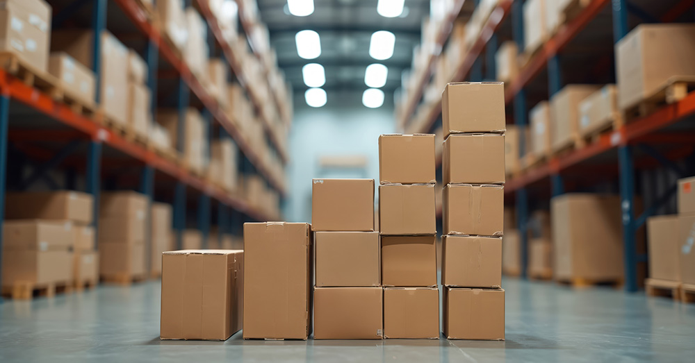 Stacked shipping boxes arranged like a rising bar chart inside a warehouse aisle.