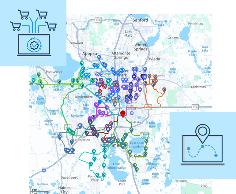 Screenshot showing dynamic route planning software with icons representing real-time orders and route optimization.