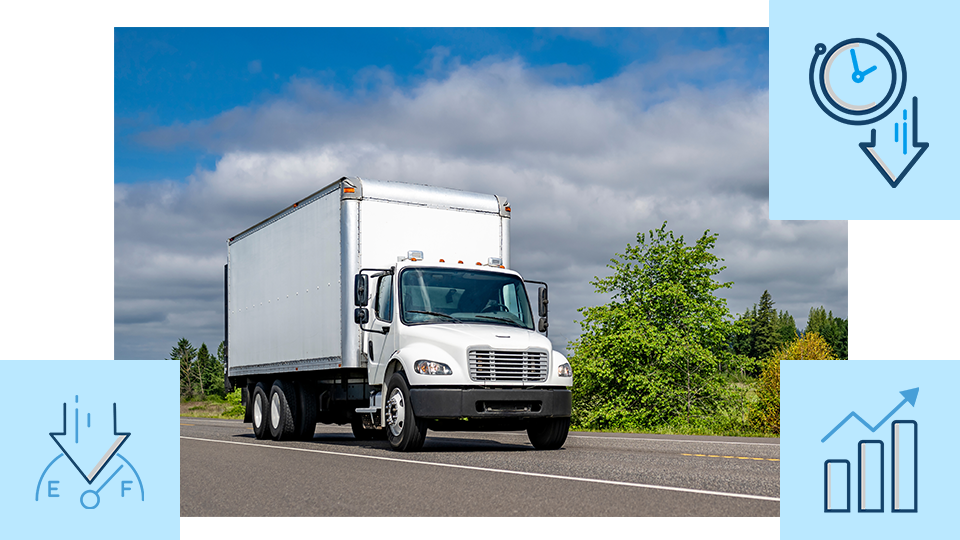 Photo of box truck en route, with icons representing reduced cost and time, and increased orders.