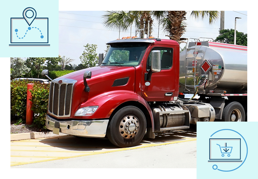 Long-nose bulk gas tanker with icons representing dynamic route optimization and same-day orders.