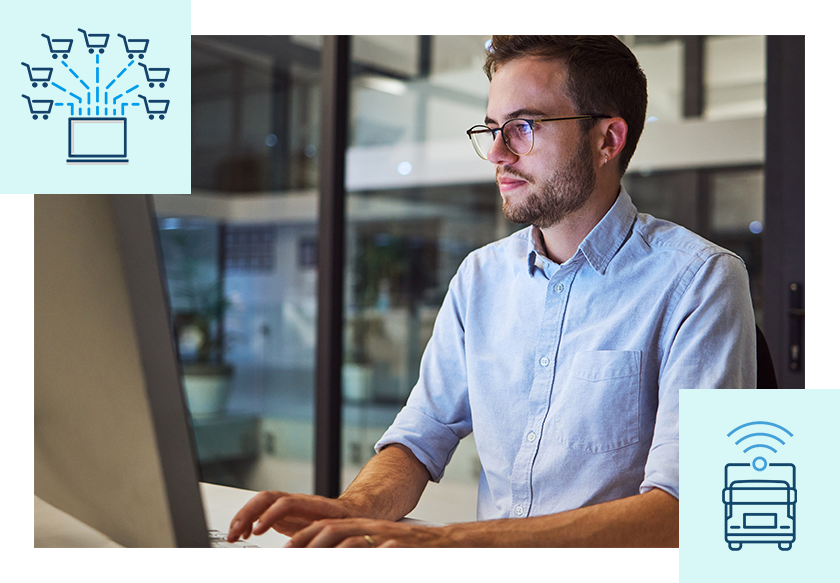Route planner uses desktop computer. Icons overlayed represent order management and inventory integrations.