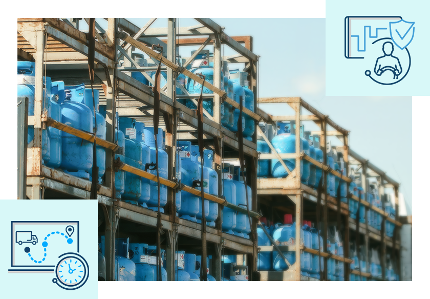 Flat-bed truck loaded with propane cylinders for delivery. Icons represent driver safety apps and ETA predictions.