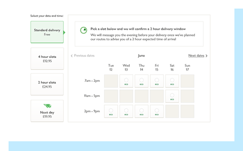 Screenshot of customer-selected delivery slots at point of sale