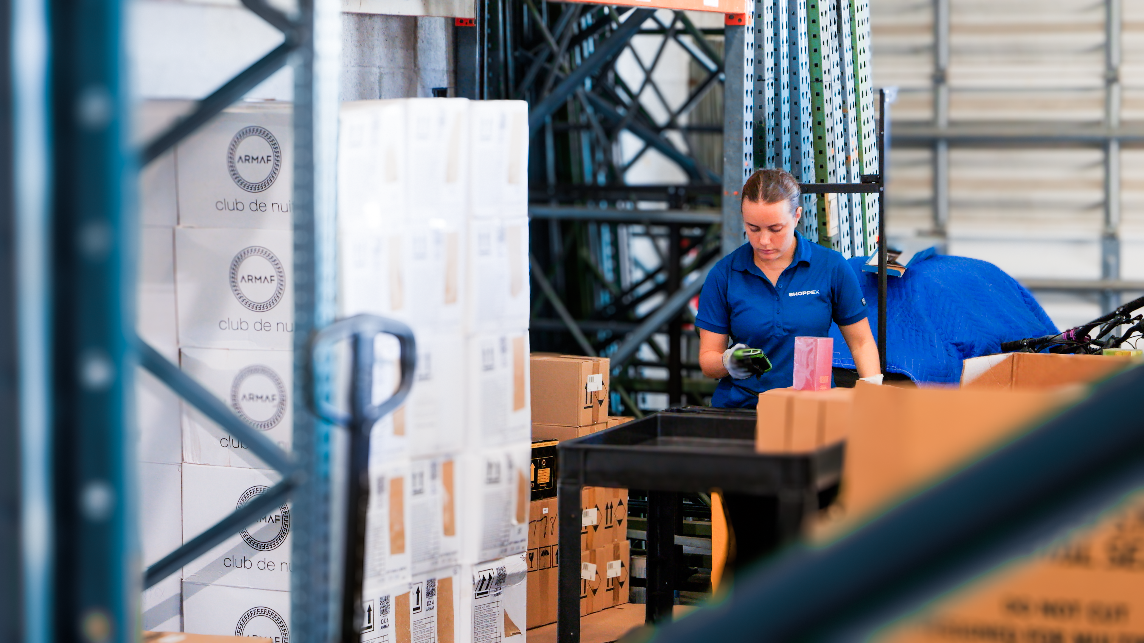 A warehouse employee scans inventory with a handheld device while standing beside stacked cardboard boxes and tall industrial shelving. The scene is framed by warehouse racks and equipment.