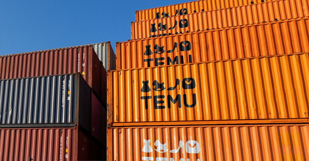 An image showing four orange Temu shipping containers stacked on top of one another.