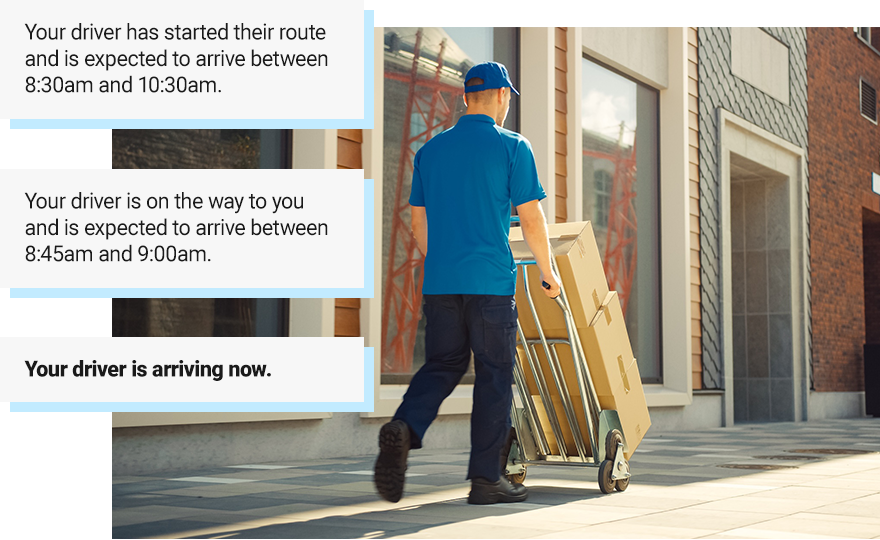 Photo of delivery driver, overlayed with SMS messages sharing the delivery ETA