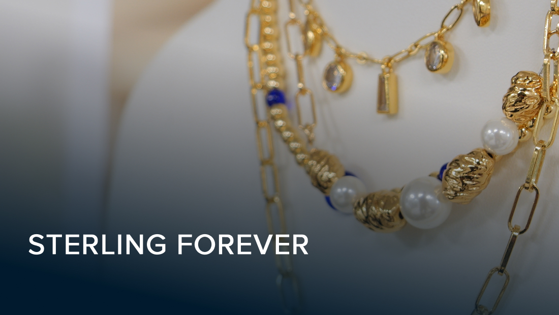 Sterling Forever logo displayed over a close-up image of gold necklaces and pearl jewelry