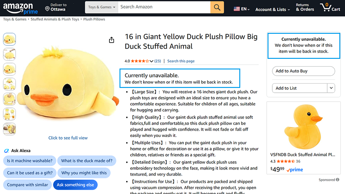 Amazon listing for an out-of-stock product