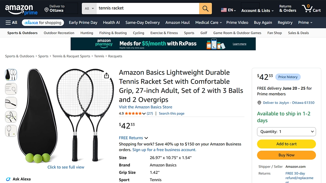 An Amazon product listing of tennis rackets with a “Buy Now” button for 1-click ordering as a Featured Offer 