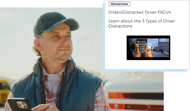Photo of driver using smartphone, overlayed with screenshot of driver safety training video