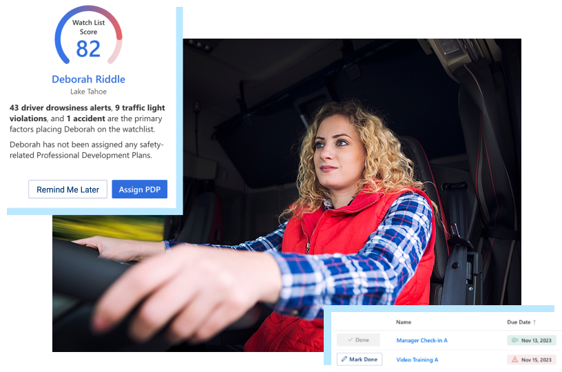Photo of woman driving HGV, overlayed with screenshot of driver risk scoring software