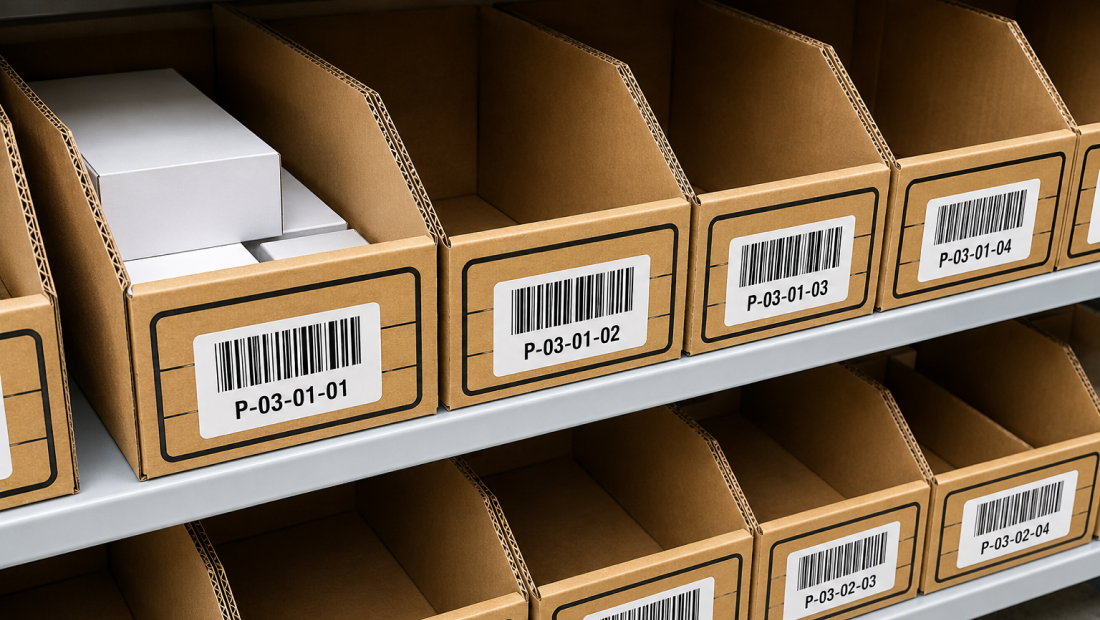 A warehouse pick face with empty bins representing overselling available inventory