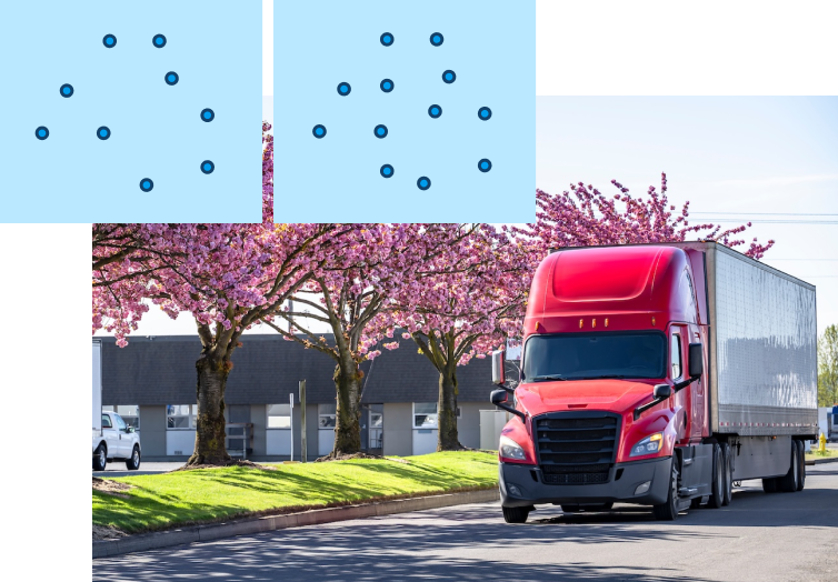 Semi truck in city with overlayed map pins showing increased route density
