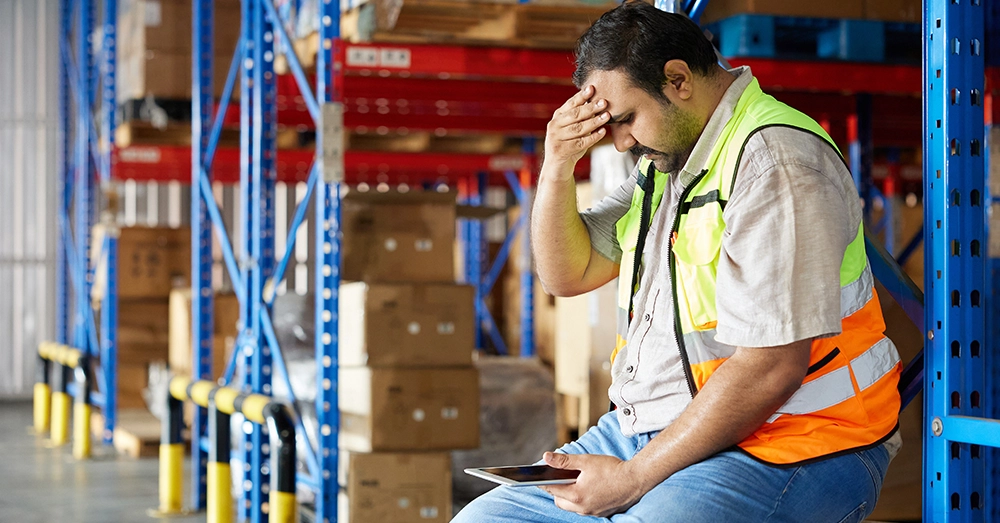 A stressed warehouse worker in a high-visibility vest sits beside storage racks while holding a tablet.