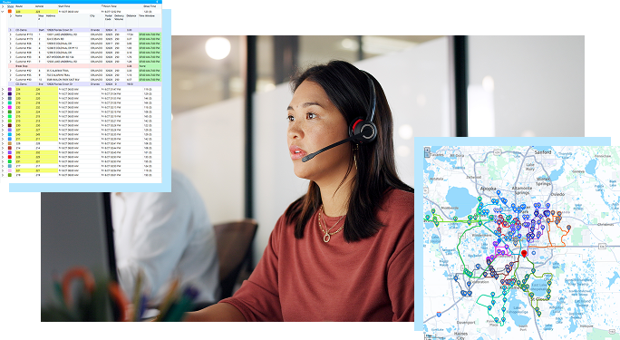 Delivery dispatcher uses desktop computer while speaking in headset, with overlay showing routes on a map