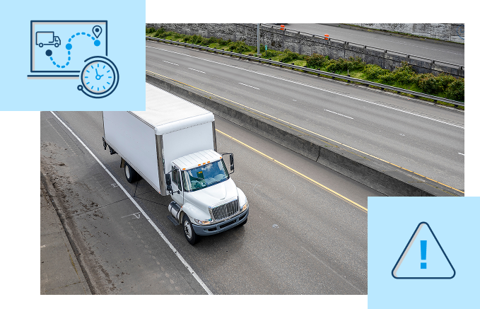 Box truck on highway with overlay showing dynamic ETAs and real-time alerts
