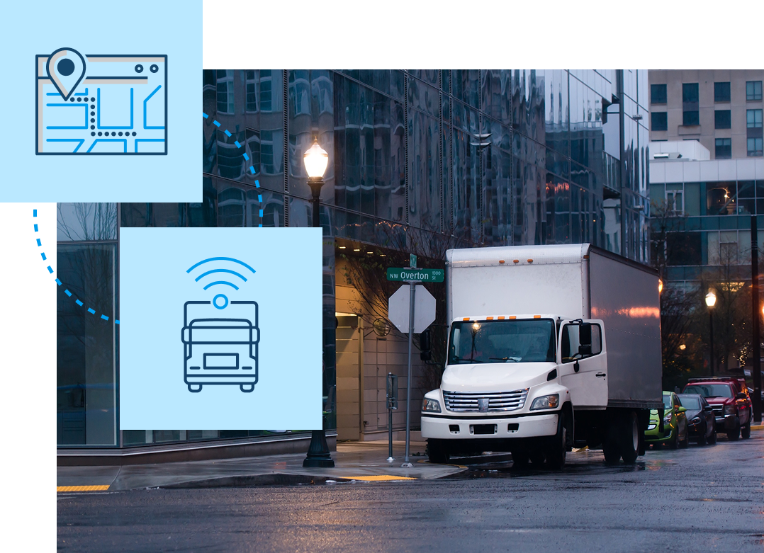 Box truck in city with overlay showing execution data feeding into route planning